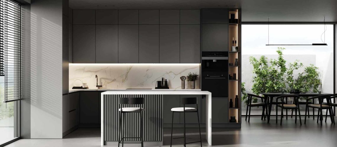 Modern Kitchen Cabinets Design, Modern dark kitchen and dining room interior with furniture and kitchenware, grey, black and dark kitchen interior background, luxury kitchen, 3d rendering